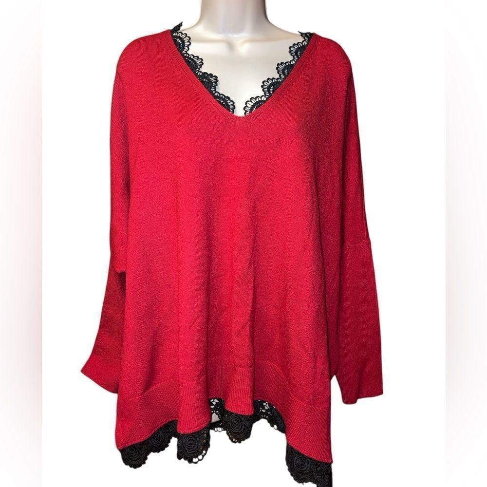 NWOT Chico's Poncho Sweater in Size L Holiday .solid black color and lace trim